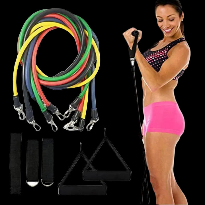 Resistance bands and exercise equipment with a woman exercising on a white background
