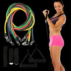 Resistance bands and exercise equipment with a woman exercising on a white background